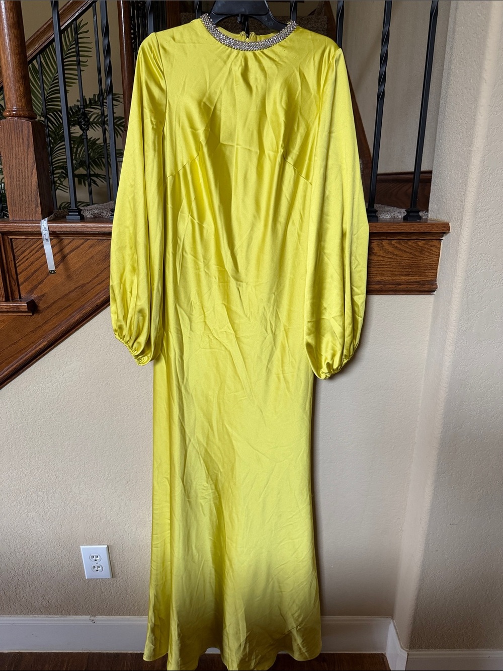 Neon  Yellow Long Sleeve Evening Dress with Embellished Neckline